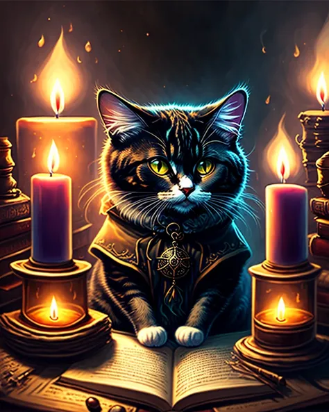 dark fantasy digital art, cat warlock oil painting, eyepatch, holding spell book, black background, lab, ominous atmosphere, dripping candles, dusty library, alchemy, earth magic, eyepatch, only one eye