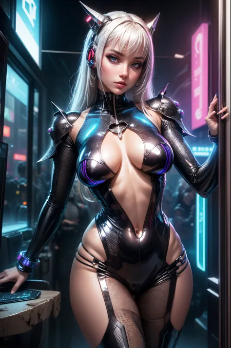 "Futuristic android, Hajime Sorayama inspired, sleek ((chrome)) surface, reflective ((glass)), leather-clad, (futuristic) girl, dynamic pose, metallic sheen, glowing eyes, ((cyberpunk aesthetic)).