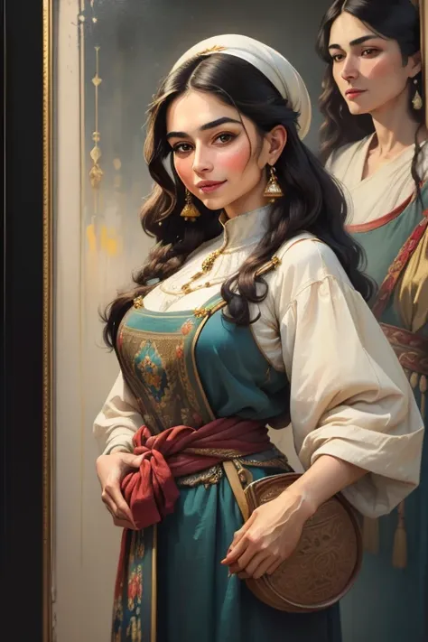 ((best quality)), ((masterpiece)), ((realistic)),  ((half length portrait)) of a Persian woman with abasket of friuts on her hands  , portriat from the waist up, elegant attire,traditional Clothes, radiant smile, confident stance, cultural pride, (oil pain...