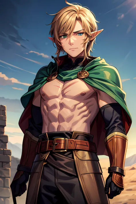 high detailed half-elf male, elf, brown_hair messy_hair smiling_face, green_eyes, scar_across_eye, pointed_ears, tan, armor brea...