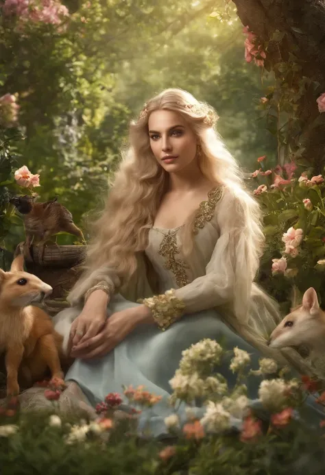 A photo of Saeval sitting cross-legged in a lush, magical garden, surrounded by blooming flowers and radiant sunlight, with a small group of woodland creatures gathered around her.,original,Saeval Daeybreak has pointy elf ears, his hair is silver and he ha...