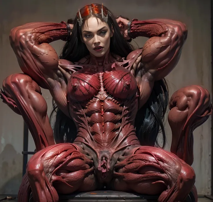 (1 skinless girl), (carnage skinless physique:1.5), (megan fox:1.5), (1 super muscular undead skinless succubus with gigantic horns:1.5), (covered in red necrotic rotting skinless muscle:1.5), (exposed muscular anatomy:1.5), (perfect fingers:1.25),(8k, RAW...