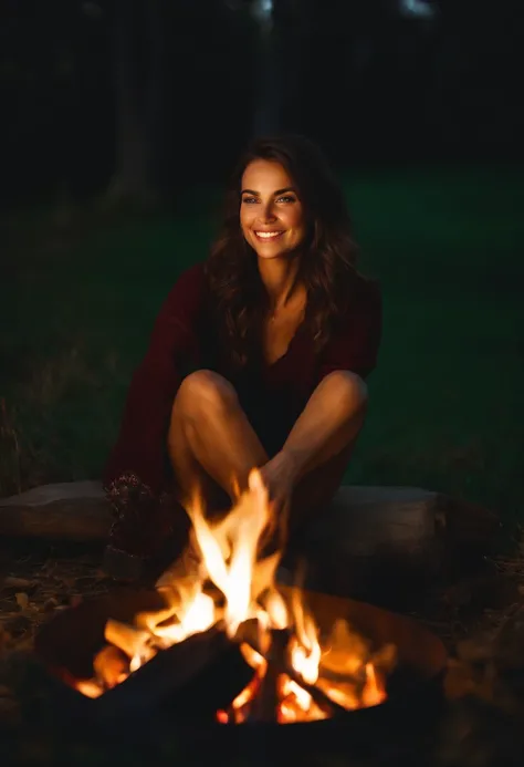 A photo of her sitting by a campfire surrounded by friends, toasting marshmallows and laughing,original,She is a petite brunette with brown eyes. She is very beautiful and realistic looking.