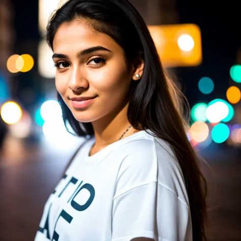 RAW photo, a portrait photo of 20 y.o brazilian woman in casual clothes, nigth, city street, (high detailed skin:1.2), 8k uhd, dslr, soft lighting, high quality, film grain, Fujifilm XT3