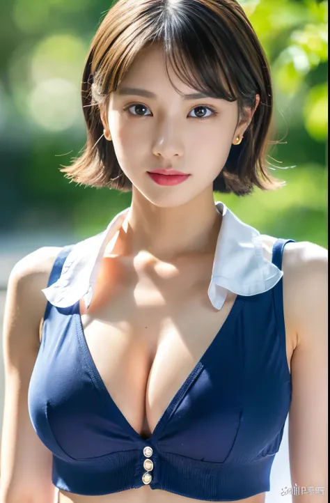 (((very huge round breasts))), (full body shot), short hair, wavy hair, (school uniform, summer school uniform shirt), skirt, sleeveless, RAW photo, extremely delicate and beautiful, masterpiece, Best Quality, ultra high resolution, 16k, hyperrealistic, ul...