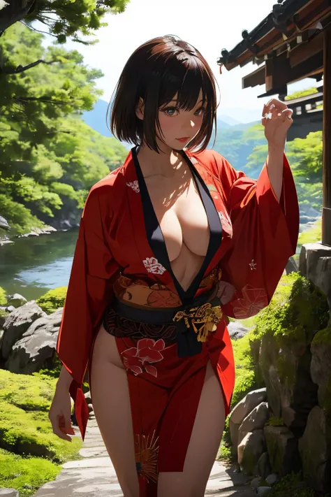 (in woods:1), ((in the mountains of japan:1))、((on a tree))、sexy female crow tengu、Japanese traditional UMA tengu, sexy japanese monk costume, Sexy brown skin, Nice sexy body、tanned healthy sexy skin、One lady、Red hair ornament、((Black Japanese style sexy c...