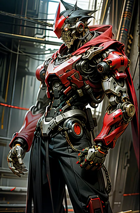 Dark_Fantasy,Cyberpunk,(chain saw,chain saw man,Red:1.1),1man,Mechanical marvel,Robotic presence,Cybernetic guardian,