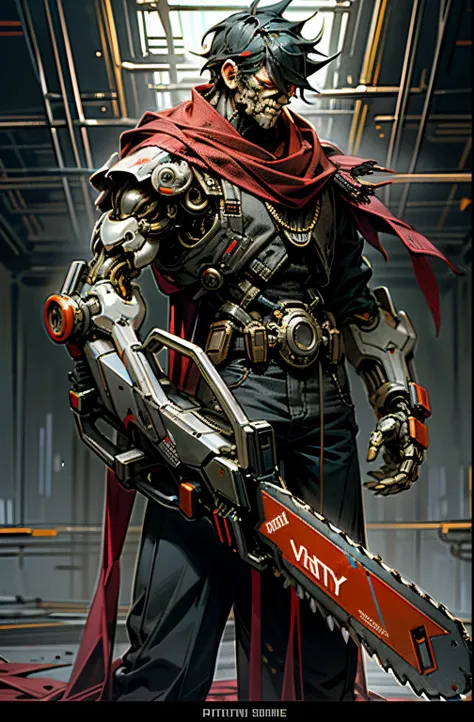 Dark_Fantasy,Cyberpunk,(chain saw,chain saw man,Red:1.1),1man,Mechanical marvel,Robotic presence,Cybernetic guardian,