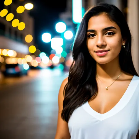 RAW photo, a portrait photo of 20 y.o brazilian woman in casual clothes, nigth, city street, (high detailed skin:1.2), 8k uhd, dslr, soft lighting, high quality, film grain, Fujifilm XT3