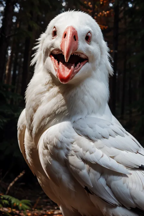 side shot of white sea bird with teeth smiling, scary mood, in black and red forest background, 8k