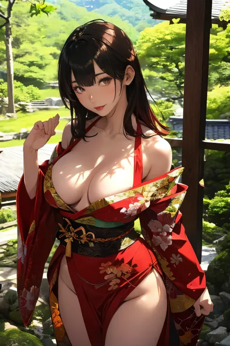 (in woods:1), ((in the mountains of japan:1))、((on a tree))、sexy female crow tengu、Japanese traditional UMA tengu, sexy japanese monk costume, Sexy brown skin, Nice sexy body、tanned healthy sexy skin、One lady、Red hair ornament、((Black Japanese style sexy c...