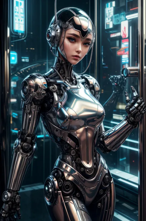 "((futuristic robotic muse)) a la sorayama, ((chrome exterior)), ((transparent glass)), leather attire, ((alluring girl)), drama...