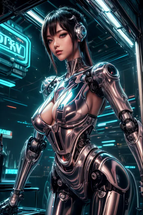 "((Sorayama-inspired robot)), chrome-plated perfection, ((glassy limbs)), leather accents, ((stylish girl)), dynamic stance, ((reflective surfaces)), striking composition, ((neon-lit cyberpunk scene)).