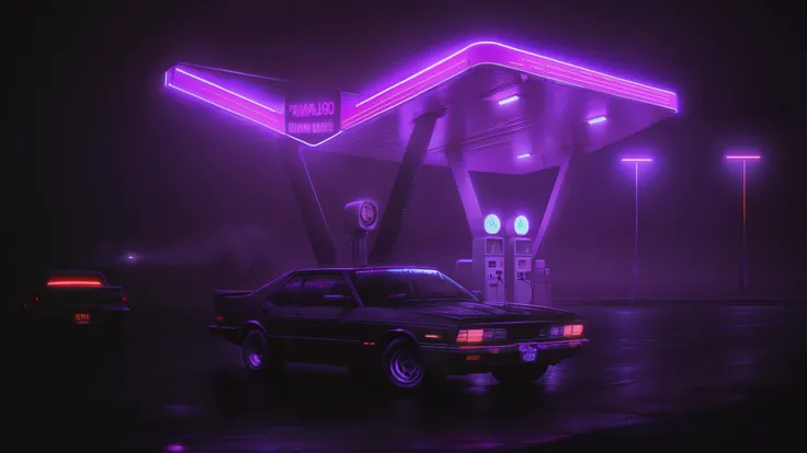 purple neons on a gas station at night with a car parked in front, neon fog, foggy neon night, misty neon lights, synthwave neon retrofuturism, mechanical features and neon, neon lit, synthwave aesthetic, neon dark lighting, artem demura beeple, dark cyber...