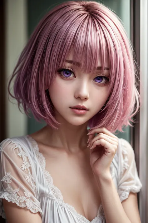 ph momo, momohd, phmomo, solo, 1girl, pink hair, purple eyes, short hair, hair