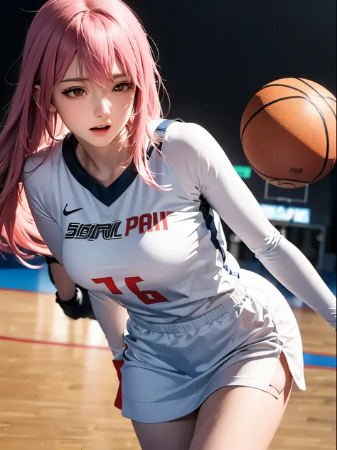 Best Quality, masutepiece,  High resolution, (Anime Heroine Illustration), Anime Paint, 1beautiful girl ,Dynamic Angle,Female basketball players,small head,Large breasts,nice legs, Glowing skin, Sweat,At the basketball venue ,Cool,