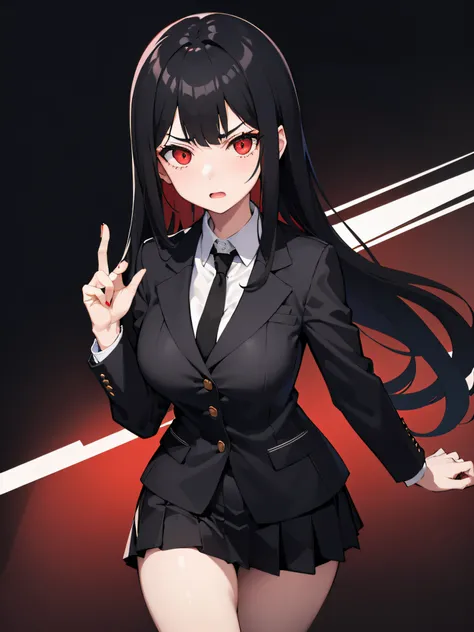 1 girl, black straight hair, red eyes, white skin, 18 year old, annoyed expression, black blazer with black tie, black skirt, thick thighs, C cup breasts, night background, absurdres, high res, ultrasharp, 8K, masterpiece, looking at viewer