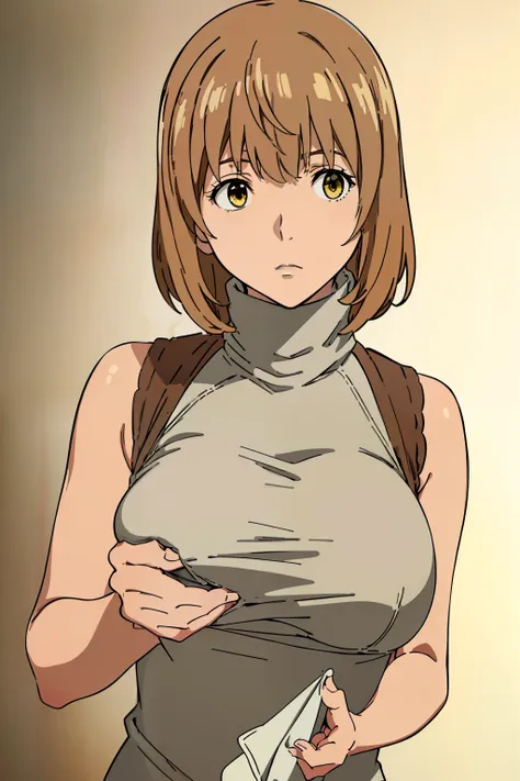 Best Quality, masutepiece, Brown hair, Yellow eyes, Yuriko Aoki, Embarrassed look, (oversize breast:1.5), (Grey Sleeveless Turtleneck:1.5, no-bra, Thin fabric), Slimed, (Roll up your turtleneck:1.5), Upper body, Bedrooms, (Perfect Anatomy, perfect detailed...