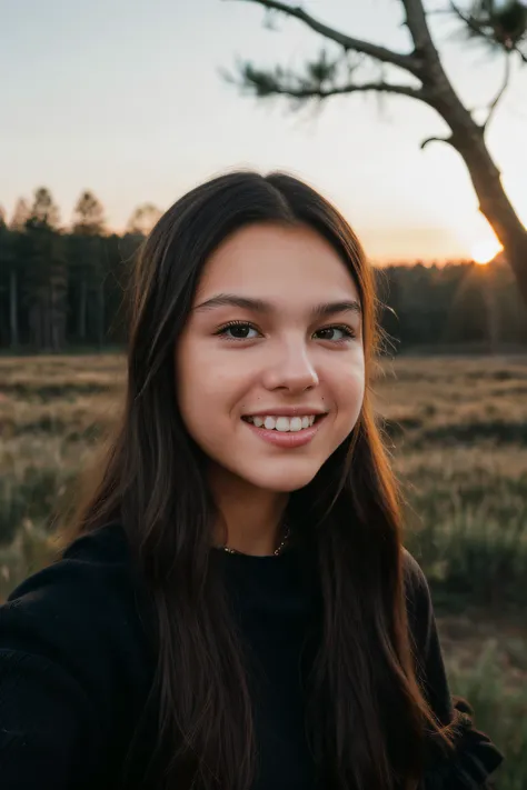 polaroid style, ((closeup selfie)) of 16yo olivia rodrigo with (acne) and ruffled hair dressed in black sweater and jeans on the...