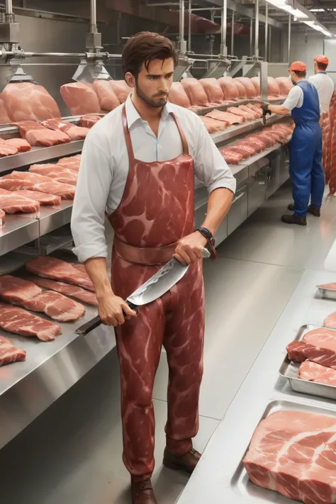 ((((A man with a knife is standing)))).((((Meat processing factory))))