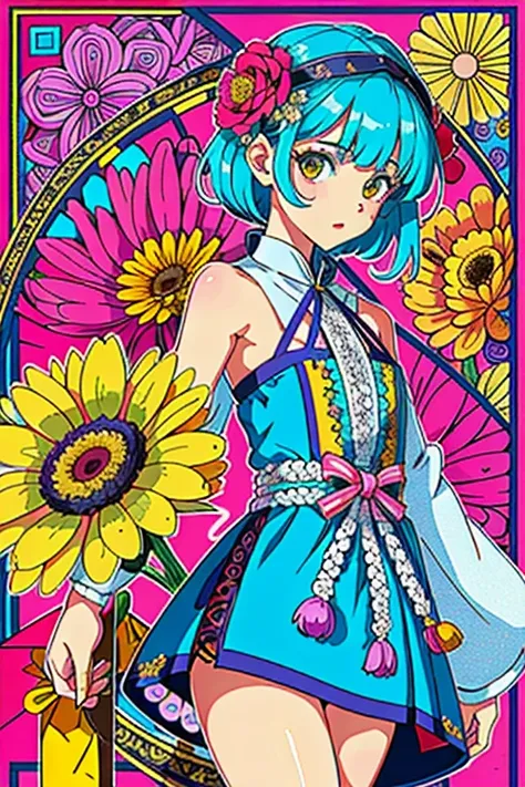 (ultra-detailed background, detailed background), absurdres, highres, ultra detailed, extremly detailed, 1girl, (bunch of flowers:1.3), (zentangle:1.2), (geometric:1.2),(colorful),