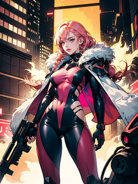 Beautiful latin woman, pink braids hair, hoops earing, fur coat, red body suit armor mecha, standing holding weapon futuristik,Cyberpunk style, at strip club cyberpunk. Full smoke coloring and neon Lights around her