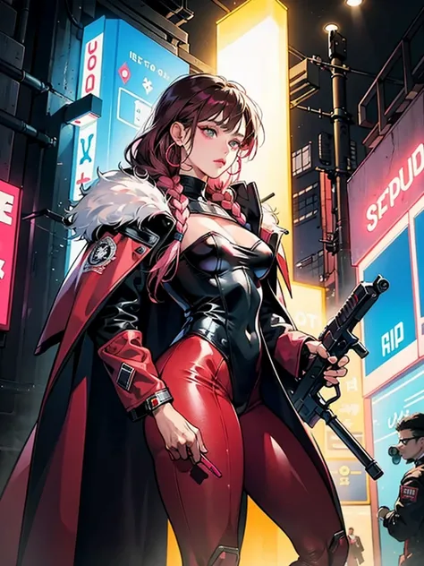 Beautiful latin woman, pink braids hair, hoops earing, fur coat, red body suit armor mecha, standing holding weapon futuristik,Cyberpunk style, at strip club cyberpunk. Full smoke coloring and neon Lights around her