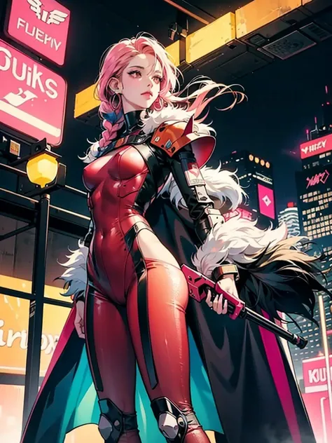 Beautiful latin woman, pink braids hair, hoops earing, fur coat, red body suit armor mecha, standing holding weapon futuristik,Cyberpunk style, at strip club cyberpunk. Full smoke coloring and neon Lights around her