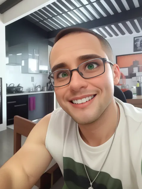 Um homem de 30 anos, com cabelos castanhos curtos,face de diamante, olhar rigoroso, e olhos castanhos, Wearing a green shirt and glasses.