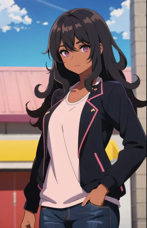 1 girl, brown skin, (masterpiece), curly hair, Small breasts, Black hair, pink eyes, Black jacket, white shirt, jeans, anime girl, latina,