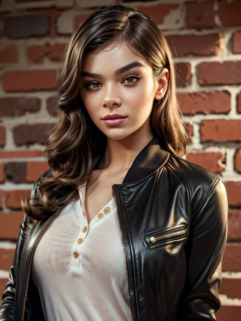 beautiful woman wearing a vintage black jacket of an orange rose in the center of a white polo shirt, green polo shirt, brown eyes, (detailed skin: 1.5) professional makeup (detailed hair: 1.5) standing in front of a golden brick wall, golden wall as backg...