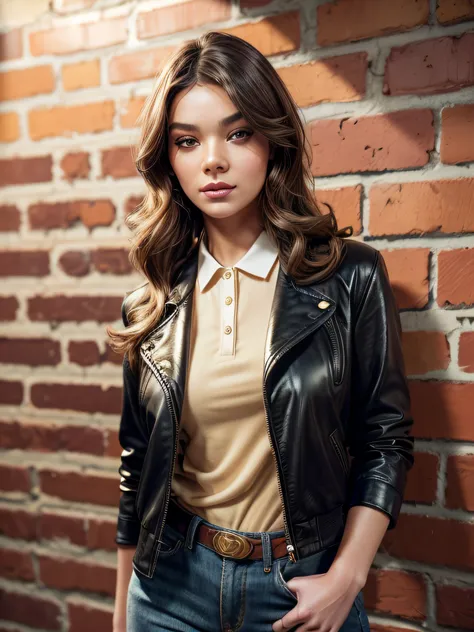 beautiful woman wearing a vintage black jacket of an orange rose in the center of a white polo shirt, green polo shirt, brown eyes, (detailed skin: 1.5) professional makeup (detailed hair: 1.5) standing in front of a golden brick wall, golden wall as backg...