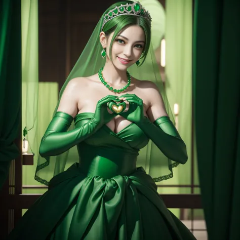 emerald tiara, Green Pearl Necklace, Boyish very short green hair, lipsticks, Japan woman smiling, very short short hair, big breasts beautiful, Green eyes, Long green gloves made of satin material, Green eyes, Emerald Earrings, green vale, Heart with both...