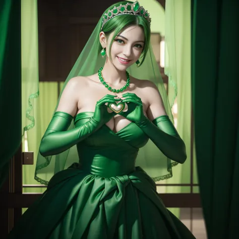 emerald tiara, Green Pearl Necklace, Boyish very short green hair, lipsticks, Japan woman smiling, very short short hair, big breasts beautiful, Green eyes, Long green gloves made of satin material, Green eyes, Emerald Earrings, green vale, Heart with both...