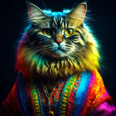 Araff cat in a bright sweater, looking at the camera, awesome cat, Anthropomorphic large Maine, cat. Digital Painting, digital art animal photo, anthro cat, Beautiful neon cats, God of cats, rainbow fur, colorful hd picure, cat furry, furry digital art, ca...