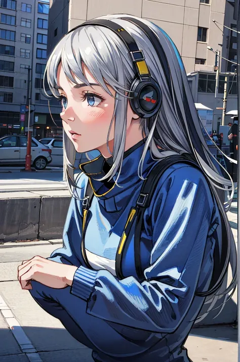 (detailed shaded pretty face), (1 girl), (realistic photo:1.9), full color, full body shot, skin, silver hair, giantess, gts, Cityscape, rampage, cars, people,  (mecha musume:1.0), (mecha suit:0.8),