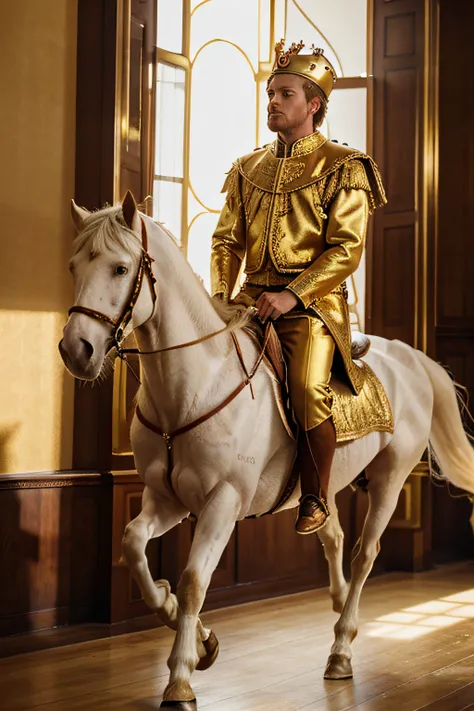 male adult, king with golden clothes, brown shoes, with a golden crown on his head, short white hair, reddish color, Caucasian man, riding on a white horse, tall, strong