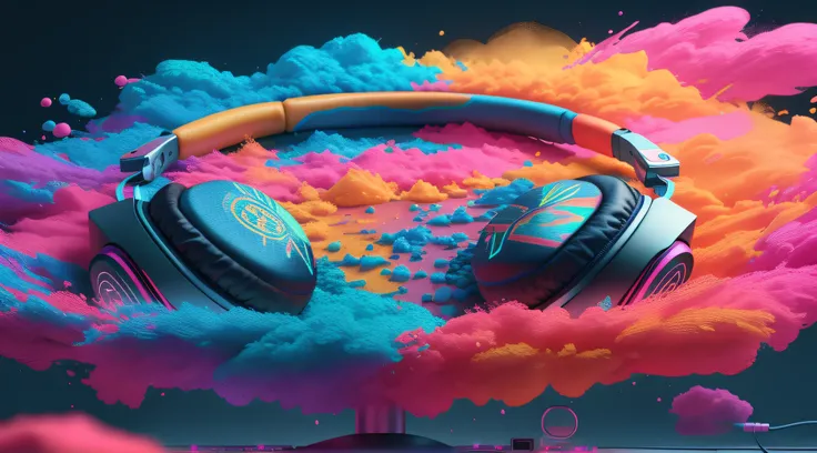 a pair of headphones with colored powder on a black background, style hybrid mix of beeple, cores do bipe, Fones de ouvido DJ Rave, Fones de ouvido ligados, music is life, Colorido 8K, music in the air, Fones de ouvido rosa, headphones on head, colorful ae...