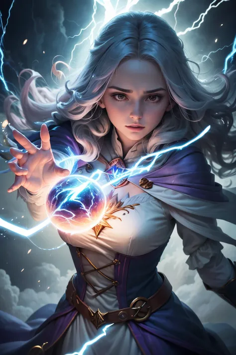 a close-up of a woman with lightning in her magic hand floating in the clouds, mago de raio feminino, Female mage conjuring a spell, sedutora feiticeira atraente, mago femea, magia a feiticeira reunindo, relampago, tempestade