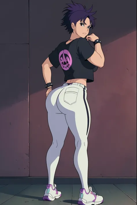 Girl, tomboy, black/purple hair, punk hair, ripped shirt, boack and white leggings, socks, shoes, spiked bracelets, medium breasts, bubble butt, looking back, wallpaper, standing upright, smug