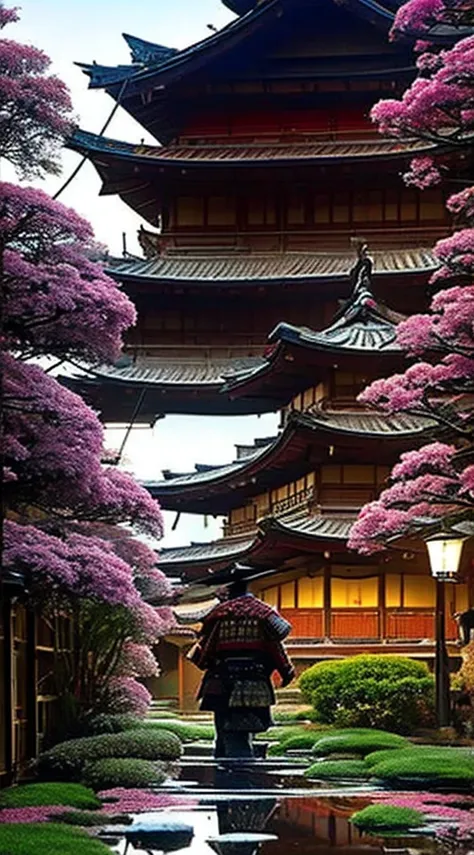 vista lejana samurai caminando por un riachuelo viendo una casa japonesa en llamas, con petalos de flor de cerezo caidos, de noche, reflejo de guerra, esencia de cultura japonesa