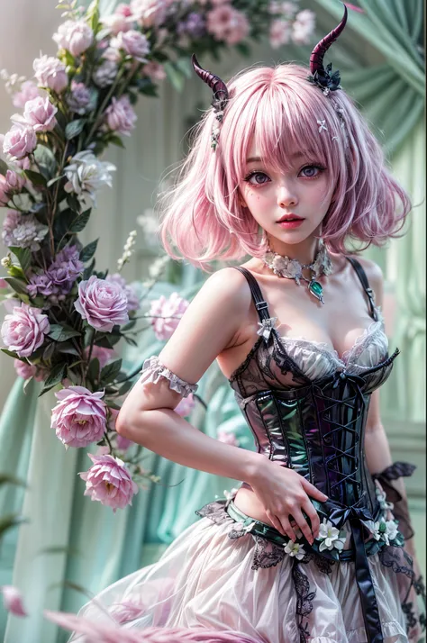 "((momo deviluke))14 years old, in realistic style, mint colored lingerie with garters and corset, cinematic atmosphere, soft fo...