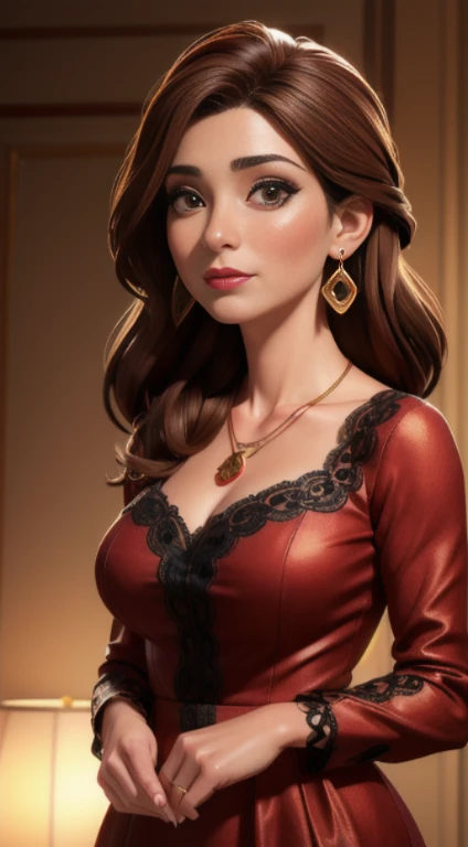 (extremely detailed CG unit 8k wallpaper, masterpiece, best quality, ultra-detailed), (best lighting, best shadow), 45 year old Spanish woman, mature, square face, wearing 1 red rose on necklace neck, wearing black lace dress with red, golden earrings, fea...