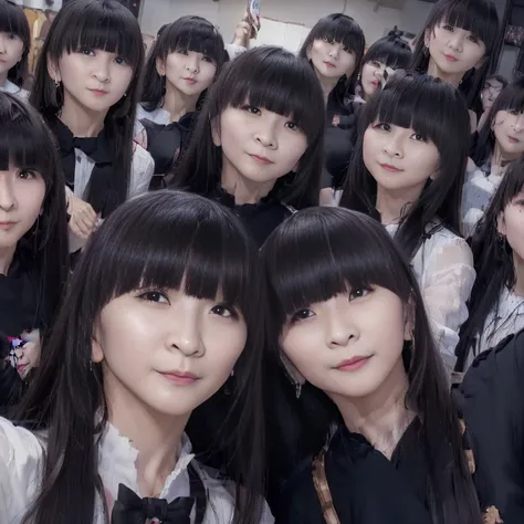 a picture、(((multiple girls))),((((6+girls))))、((10 girls))、the same face、matching school uniform、12 years old、long black hair、1...