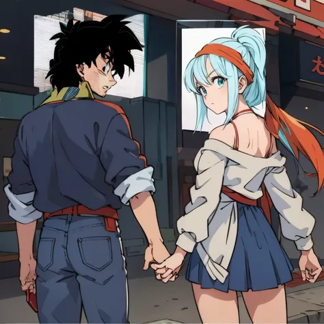 Casal anime estilo Akira Toryama, Hand in hand, looking-into-camera, olhar curioso