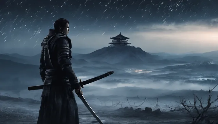 Close up ground level samurai holds a katana, Starry skies and mist shroud the landscape, looking at viewer, face focus