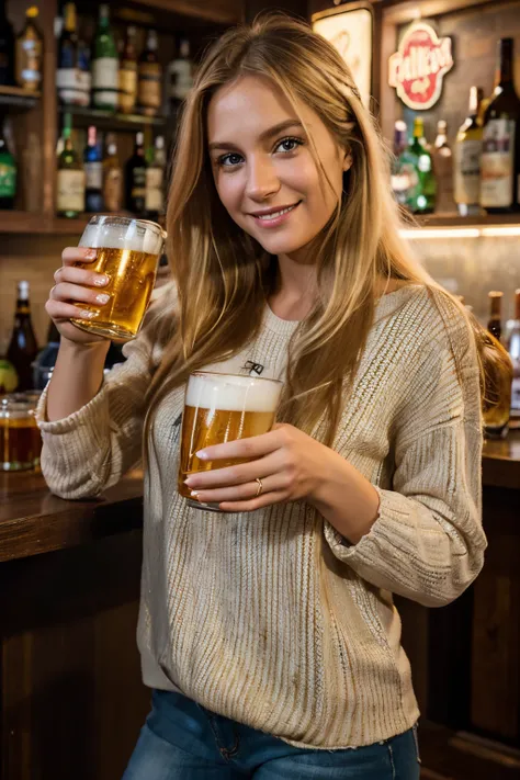 (best quality,ultra-detailed),realistic,portraits,colorful,blurred lights,nightlife,medium:bar(blurred),honey-colored eyes,long blonde hair,beautiful casual clothes,smiling,30 years old,holding a glass of beer,("perfect hands and fingers")