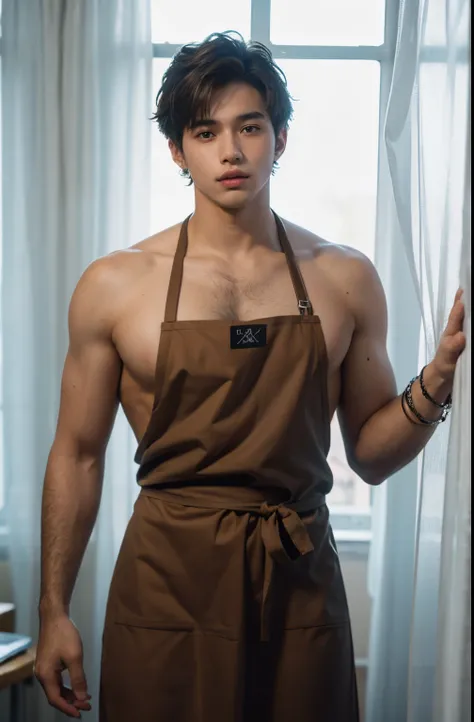 20-year-old boy,in a naked apron, Shirtless., It has a large wingspan., Smooth skin, standing behind the curtain,With abdomen, university students, Different grinding caps, rough breath, Light brown hair, messy hair, present, Eye-level images, HyperHD, Rea...