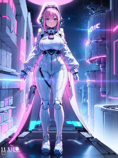 ​masterpiece:1.4, 1girl in ((20yr old, Wearing a futuristic white and silver costume, Tight Fit Bodysuit, long boots, Very gigantic-breasts, (Colorful pink hair):1.3, a short bob, Perfect model body, Blue eyes:1.2, Wearing headphones, Looking out the windo...