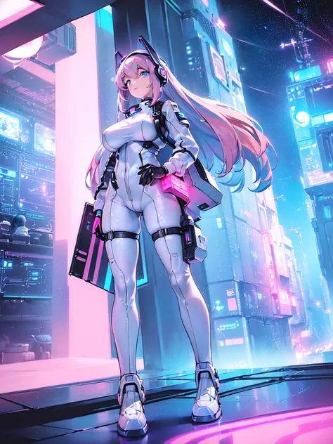 ​masterpiece:1.4, 1girl in ((20yr old, Wearing a futuristic white and silver costume, Tight Fit Bodysuit, long boots, Very gigantic-breasts, (Colorful pink hair):1.3, a short bob, Perfect model body, Blue eyes:1.2, Wearing headphones, Looking out the windo...